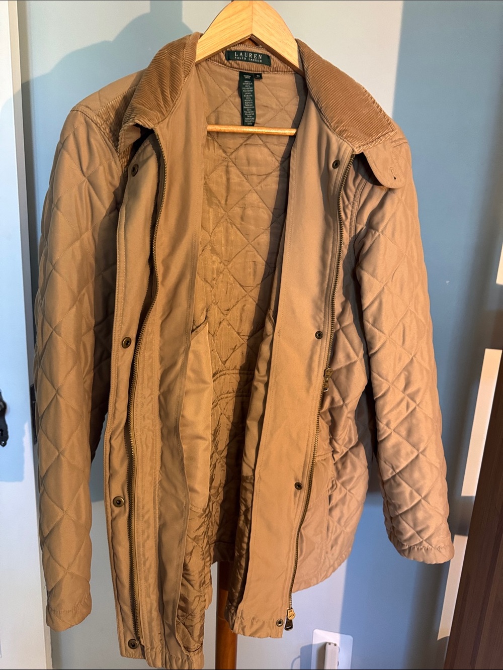 Lauren Ralph Lauren Tan Quilted Lightweight Jacket with Corduroy Collar